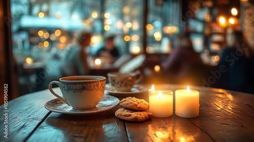 A charming cafe table with glowing candles, a vintage teacup, and a plate of cookies, surrounded by a softly blurred background of people reading and conversing. photo