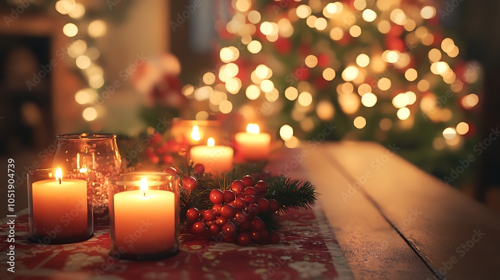 A charming Christmas-themed table featuring glowing candles, vintage holiday decor, and a festive table runner, surrounded by a blurred background of a decorated Christmas tree. A charming Christmas-themed table featuring glowing candles, vintage holiday decor, and a festive table runner, surrounded by a blurred background of a decorated Christmas tree.