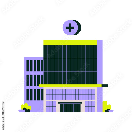 Hospital building exterior with medical symbol, flat vector illustration symbolizing healthcare facility, medical services, and urban architecture, isolated on white background