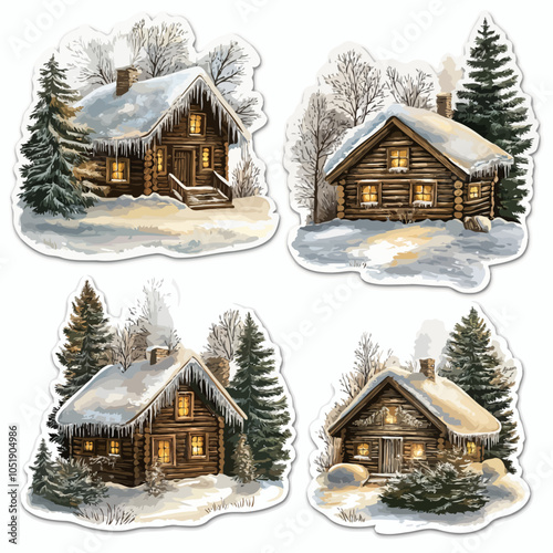 Cozy Snow Covered Cabin Stickers, Winter Wonderland Vinyl Die Cut Design