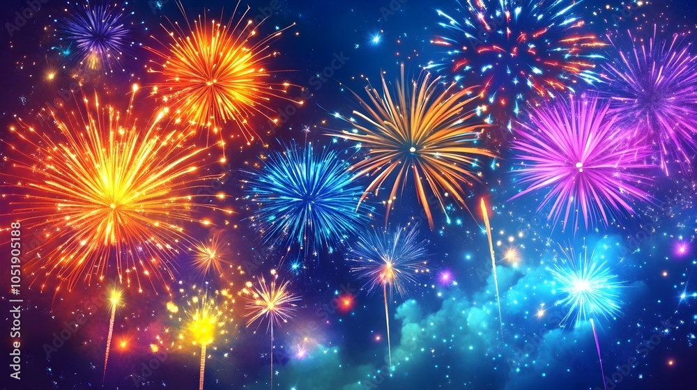Fototapeta premium Vibrant of Lights Illuminating the Night Sky with Explosive Fireworks Display
