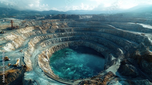 Aerial view of a large open-pit mine with turquoise water.