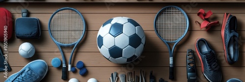 A flat lay of sports equipment including tennis rackets, a soccer ball, and various gear.