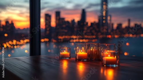 A chic dining table adorned with glowing candles in glass holders, minimalistic table decor, and a polished wood surface, with a softly blurred night city skyline. photo