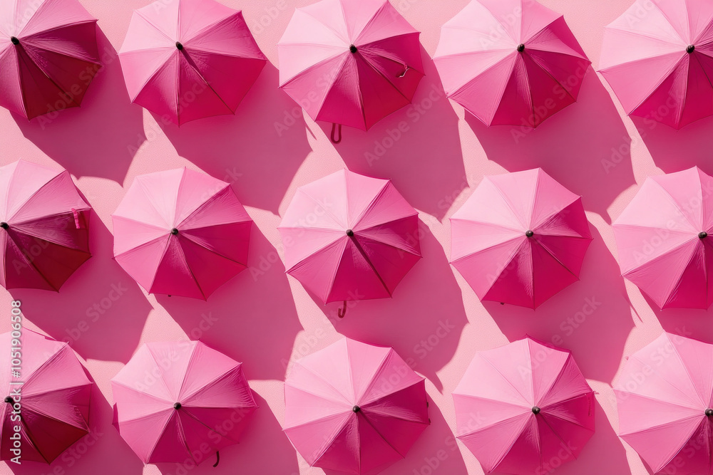 Obraz premium Pink umbrellas in the air, against a blue sky, dotted with white clouds. A vibrant burst of color in a clear and sunny day.