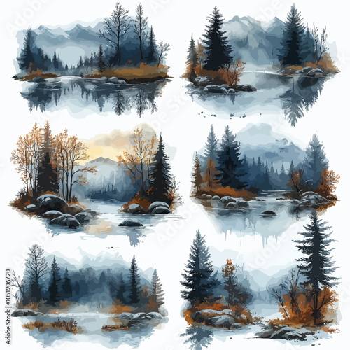 Watercolor Winter Scene Stickers, Die Cut Vinyl