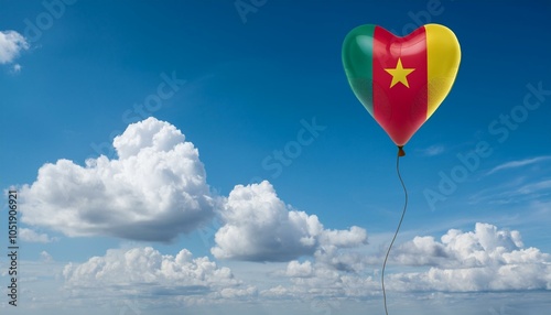 カメルーンの国旗のハート型の風船と青空(Cameroon flag heart-shaped balloon and blue sky.)
 photo