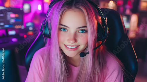 Young female gamer with pink hair and a headset smiles at the camera in a vibrant gaming environment. The colorful background lighting and high-tech equipment create an immersive, energetic atmosphere