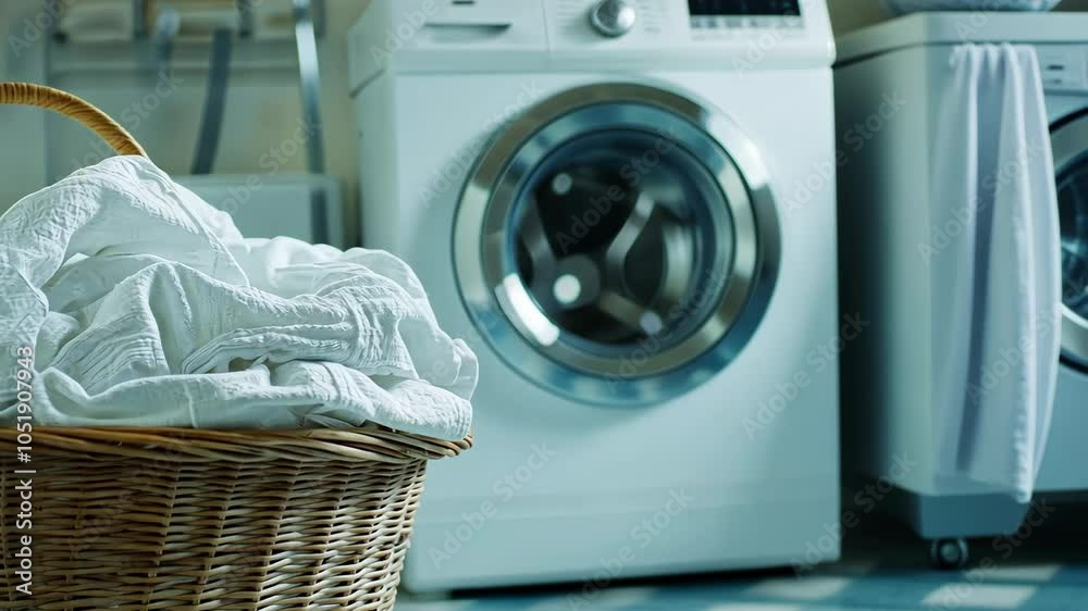 A basket of clean laundry sits in front of a washing machine in a laundry room