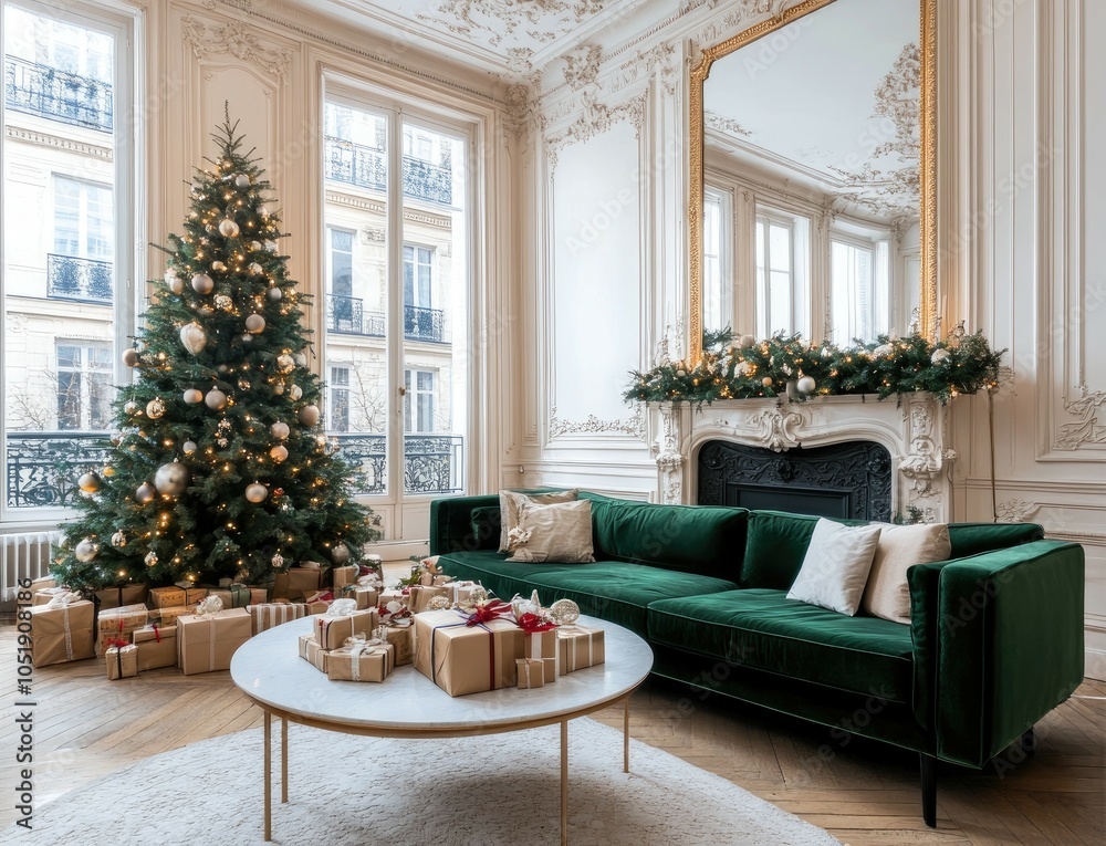 Fototapeta premium A beautifully decorated living room features a dark green sofa and a round table, creating a warm atmosphere for Christmas celebrations.