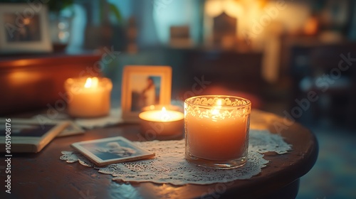 A classic vintage table adorned with glowing candles in glass holders, a lace doily, and old photographs, with a softly blurred background of an antique shop. photo