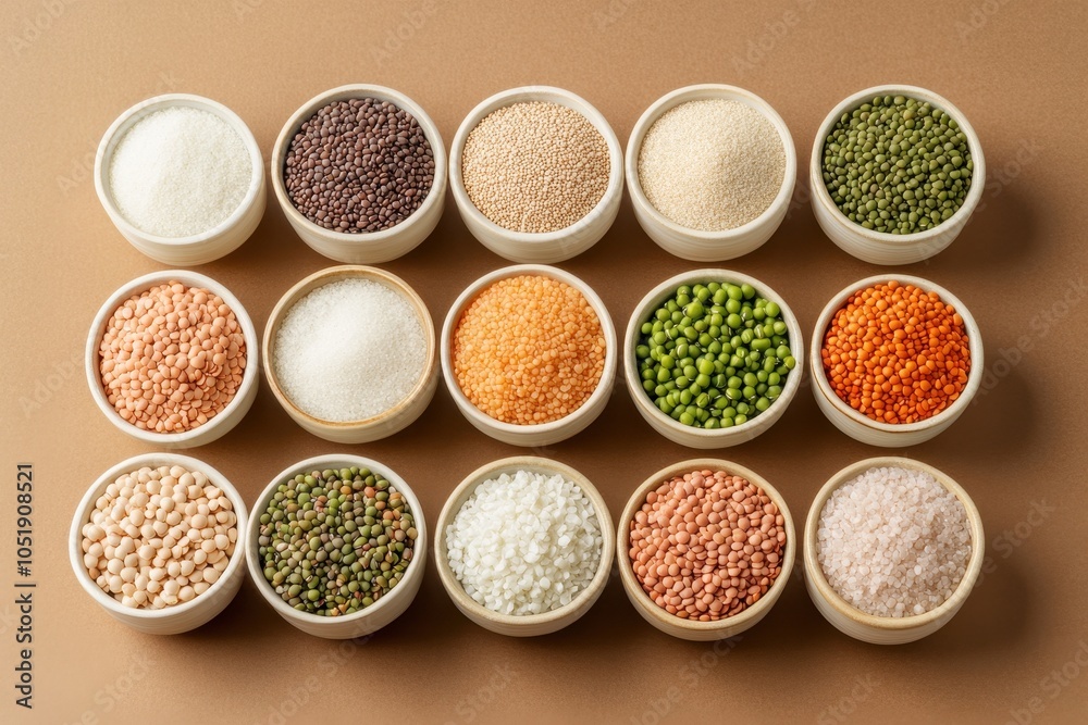 Assorted Legumes in Bowls on Beige Background Assorted Legumes in Bowls on Beige Background