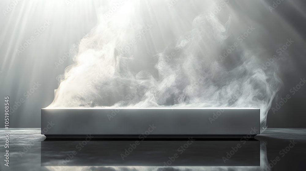White speaker box with ethereal smoke trails, pure white background, minimalist product photography, dramatic side lighting, floating effect, mysterious atmosphere. White speaker box with ethereal smoke trails, pure white background, minimalist product photography, dramatic side lighting, floating effect, mysterious atmosphere.