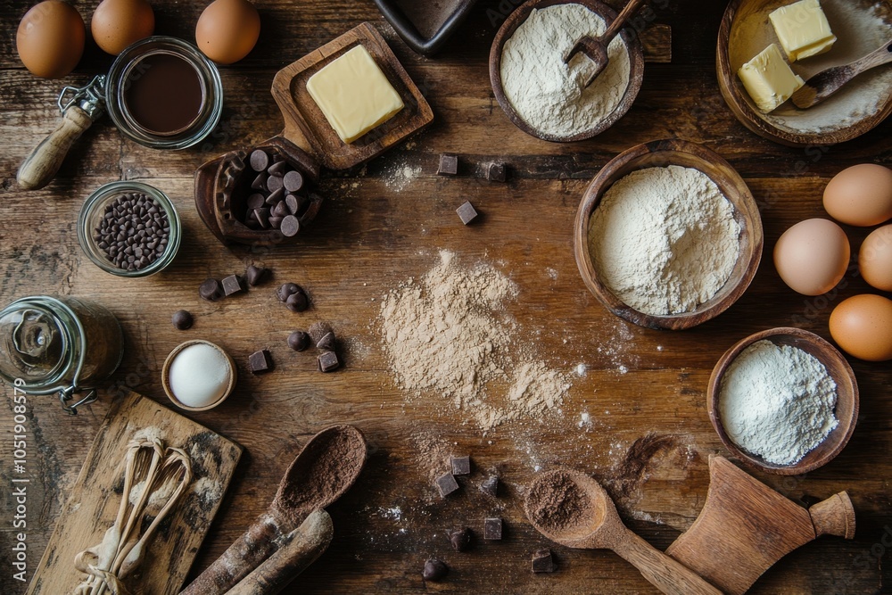 An overhead shot of a rustic kitchen with an array of baking ingredients such as sugar, eggs, butter, and chocolate chips, ready to make homemade cookies. The warm tones evoke a cozy, homey feel. An overhead shot of a rustic kitchen with an array of baking ingredients such as sugar, eggs, butter, and chocolate chips, ready to make homemade cookies. The warm tones evoke a cozy, homey feel.