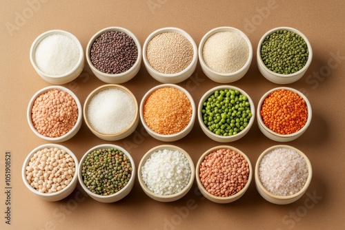 Assorted Legumes in Bowls on Beige Background