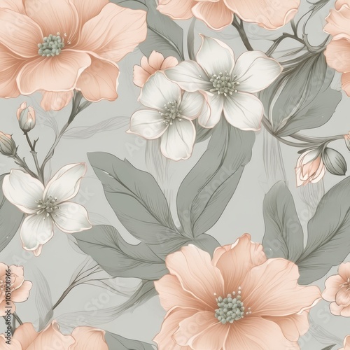 Seamless floral pattern featuring elegant small flowers in soft peach, sage, and light gray colors.