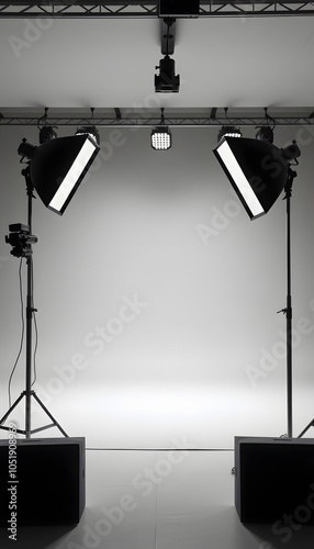 Grey photo background and professional lighting equipment in studio, space for text isolated with white highlights, png photo