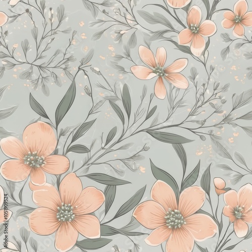 Seamless floral pattern featuring elegant small flowers in soft peach, sage, and light gray colors.