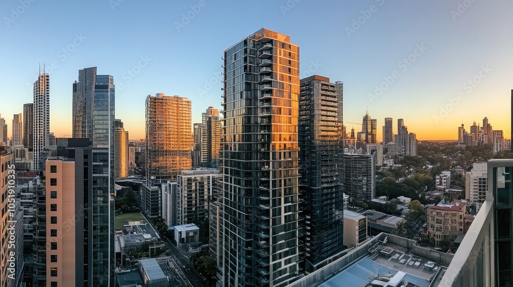 Obraz premium A panoramic shot of towering city buildings, captured at sunset, with warm light casting shadows across the urban landscape.