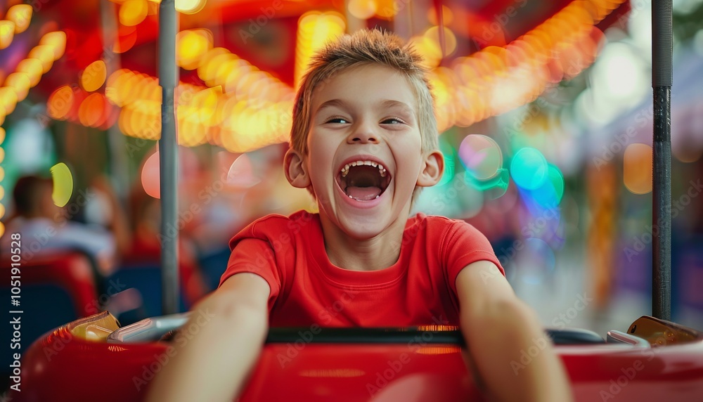 A Day of Joy: Smiling Boy in Red T-Shirt at the Amusement Park A Day of Joy: Smiling Boy in Red T-Shirt at the Amusement Park