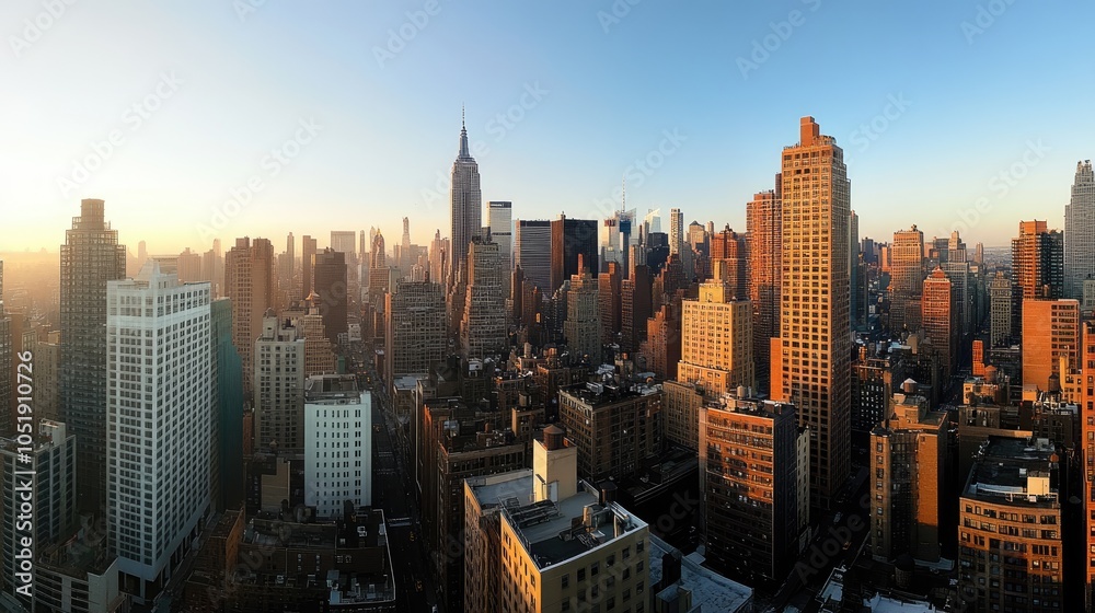 Fototapeta premium A panoramic shot of towering skyscrapers and urban buildings, framed by a clear sky, offering a dynamic view of city life.