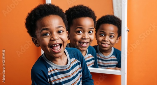 African boy making silly faces in front of a mirror playful demeanor casual clothes solid orange background chubby build child