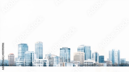A panoramic view of an urban skyline, featuring a mix of commercial and residential buildings with a white background to emphasize structure and form.