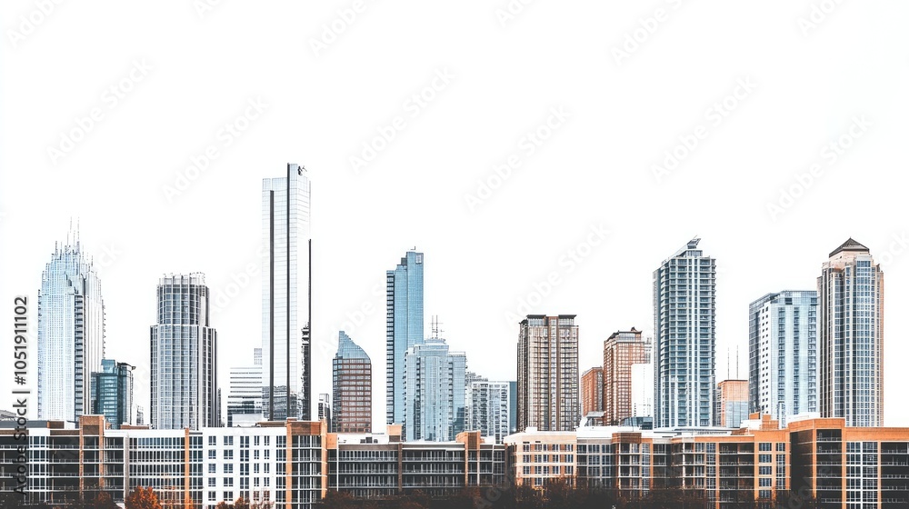 Obraz premium A panoramic view of an urban skyline, featuring a mix of commercial and residential buildings with a white background to emphasize structure and form.