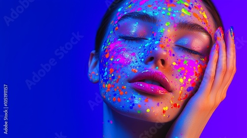 Vibrant expression a captivating portrait of a young woman adorned with colorful face paint in neon lights