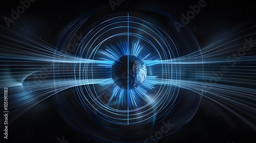 Scientific visualization of a magnetic field with glowing lines and directional arrows illustrating the flow of magnetic force around a central object. Energy,abstract,universe,mystery,physics researc photo