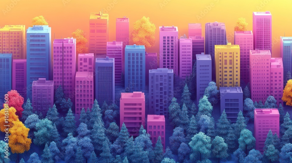 Obraz premium Colorful Cityscape with Pastel Skyscrapers and Trees