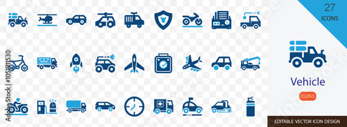 Vehicle solid icon set, containing motor bike, car, airplane, ship and more vector design