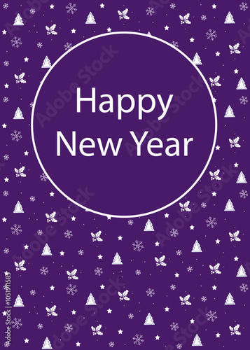 New Year's card with christmas tree, holly and snowflake. 2025 New Year. Year of the snake. Merry Christmas and Happy New Year. Purple and white vector illustration.