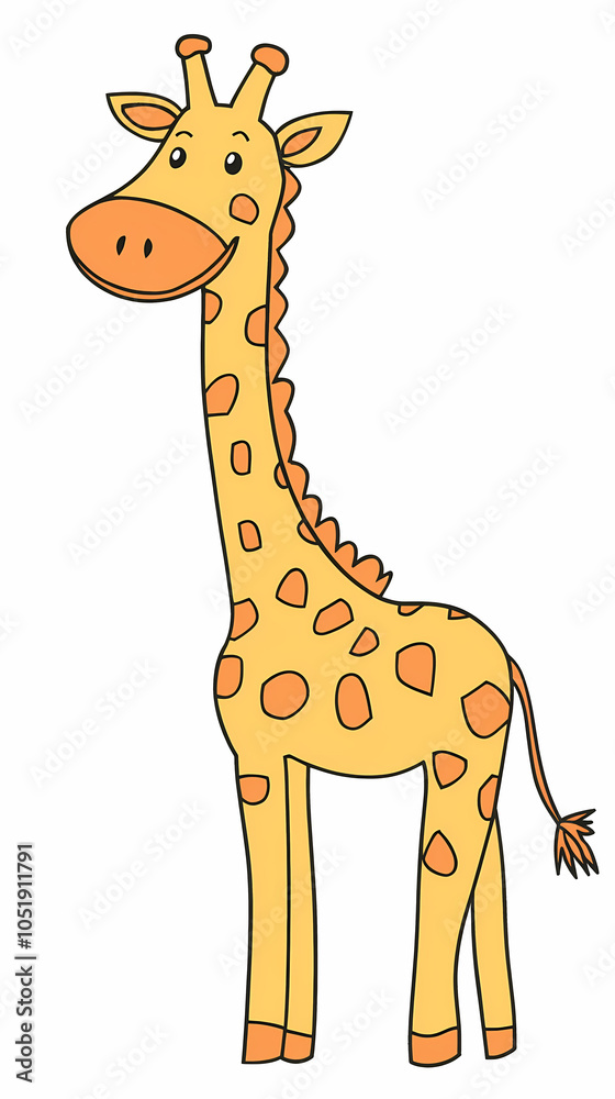 A simple, cute drawing of a giraffe for kids, with a long neck, big friendly eyes, and small horns. A simple, cute drawing of a giraffe for kids, with a long neck, big friendly eyes, and small horns.