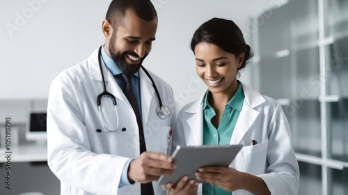 A female nurse and a male doctor are using a tablet computer for a digital medical record in a hospital.