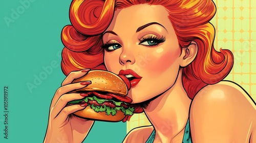 A retro pin-up, pop art illustration of a red-haired woman enjoying a hamburger. The image is designed in a vintage, vibrant colors, thick outlines.
