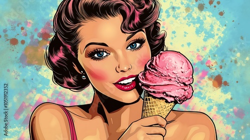 A retro pin-up, pop art illustration of a beautiful woman enjoying an ice cream cone. The woman has a playful, expressive look, and the scene captures the nostalgic charm.