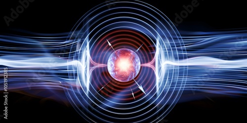 Scientific visualization of a magnetic field with glowing lines and directional arrows illustrating the flow of magnetic force around a central object. Energy,abstract,universe,mystery,physics researc photo