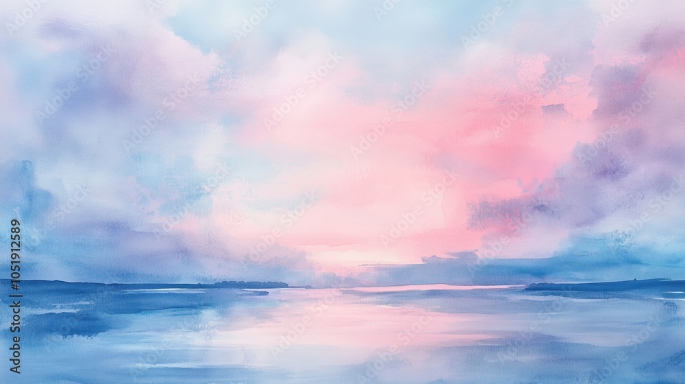 Obraz premium Serene watercolor sunset over calm water, soft pink and blue hues