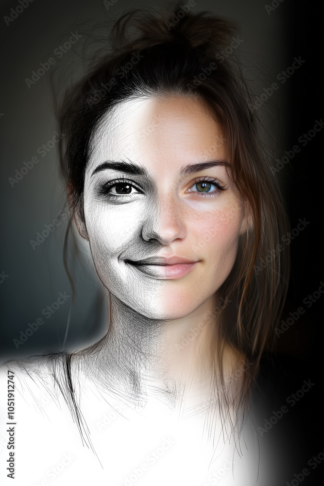 Fototapeta premium portrait de femme avec superposition d'un croquis et photographie