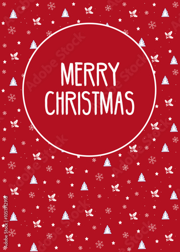 Christmas card with christmas tree, holly and snowflake. 2025 New Year. Year of the snake. Merry Christmas and Happy New Year. Red and white vector illustration.