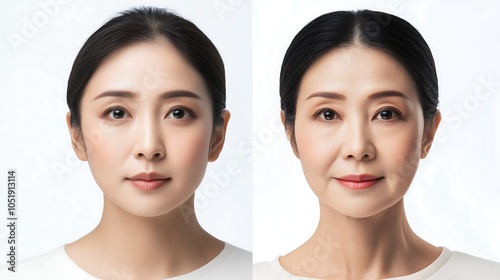 Side-by-side photo comparison betweenyoung and old asian woman face. 