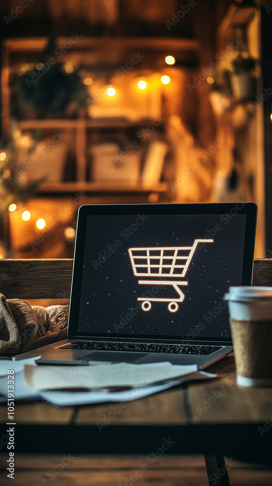 Cozy desk with laptop displaying sale cart icon for online shopping