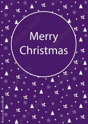 Christmas card with christmas tree, holly and snowflake. 2025 New Year. Year of the snake. Merry Christmas and Happy New Year. Purple and white vector illustration.
