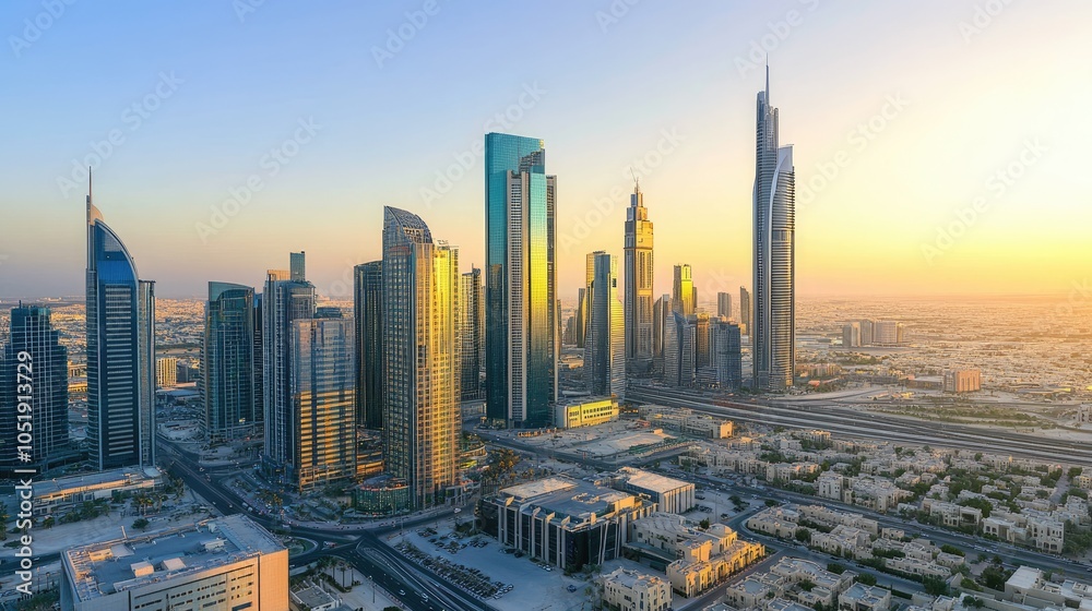 Obraz premium A sweeping cityscape panorama of modern urban buildings, featuring glass skyscrapers and concrete towers under a clear sky.