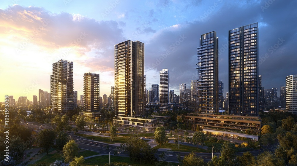 Obraz premium A sweeping panorama of modern skyscrapers and apartment buildings, capturing the energy and design of an ever-expanding urban environment.