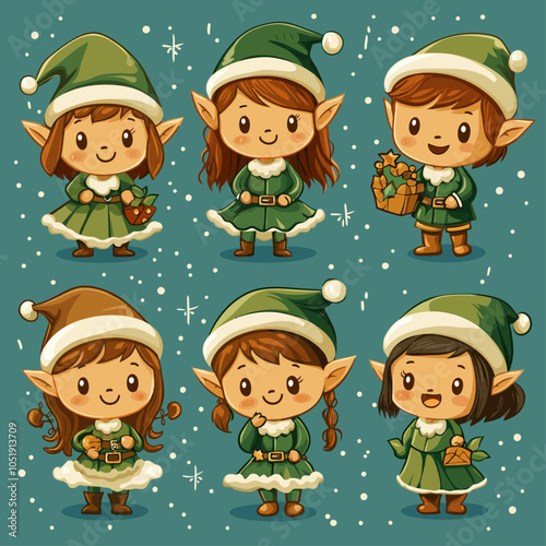 Cheerful Elves Vector Sticker Pack: Playful Festive Characters