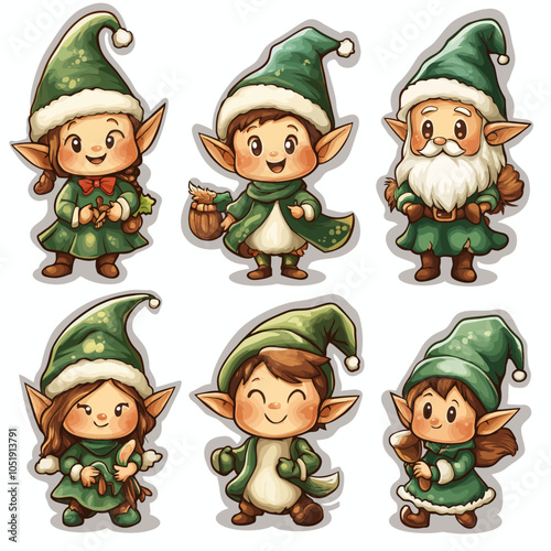 Cheerful Elves Vector Sticker Pack: Playful Festive Characters