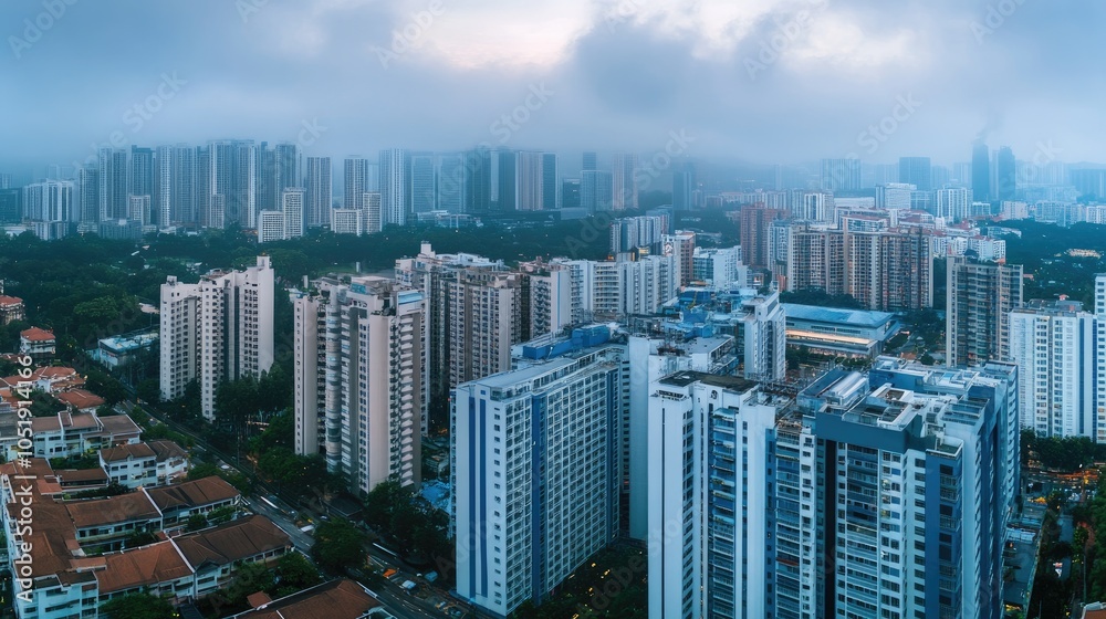 Fototapeta premium A wide cityscape panorama of tall office buildings and residential complexes, highlighting the dense structure of urban architecture.