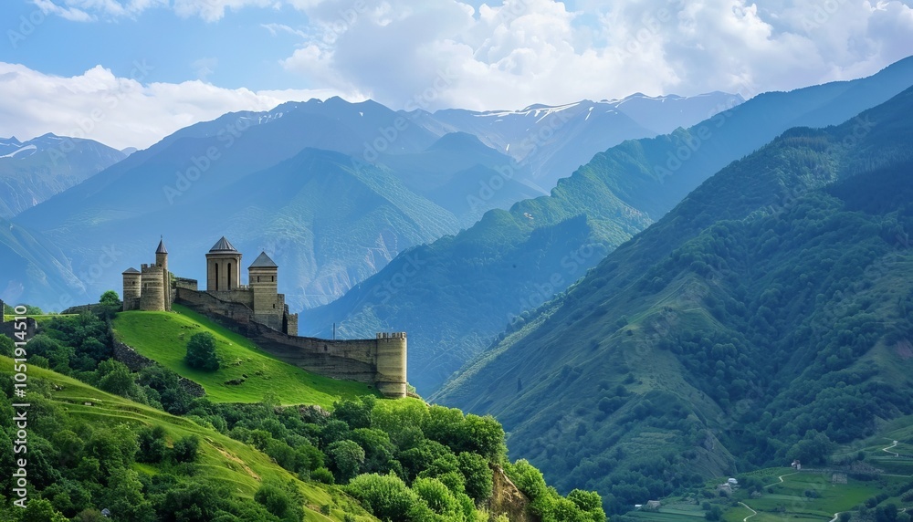 Fototapeta premium The Enchanting Caucasian Castle: A Historic Summer Retreat in the Georgian Mountains